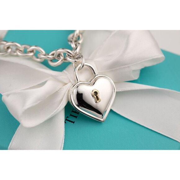 Tiffany & Co. Heart Lock Necklace Thick 16" Chain 18k Gold Sterling Silver - Picture 6 of 8